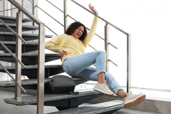 A woman who has fallen on the stairs.